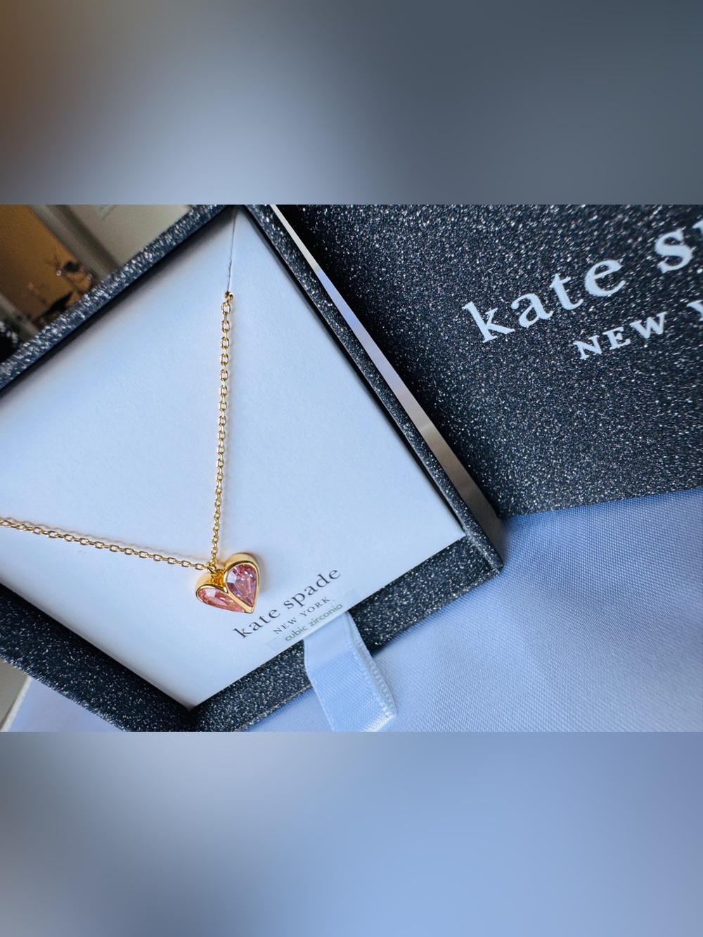 Kate Spade My Love October Heart Pendant Necklace Pink CZ Gold Tone New In Box - Picture 5 of 7